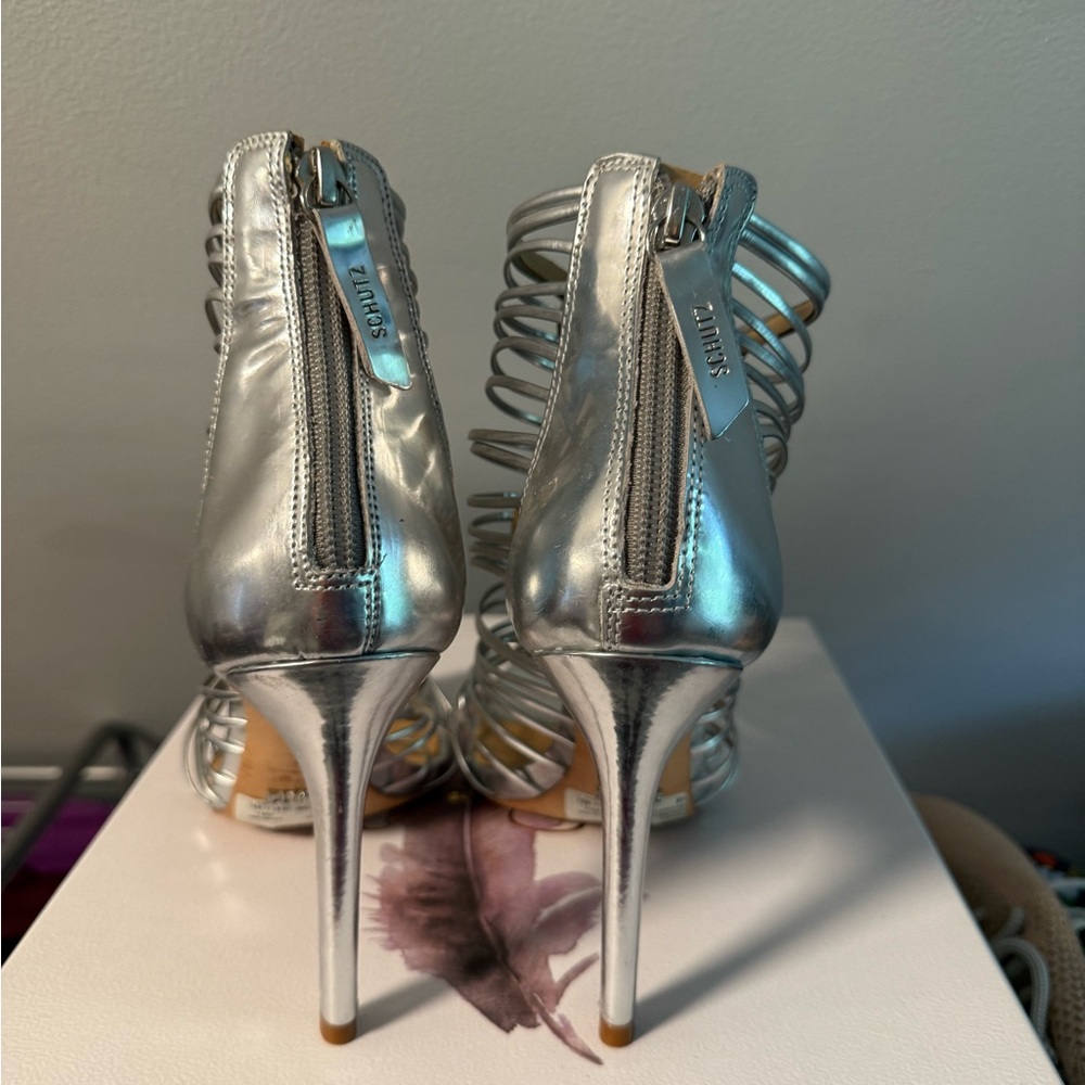 SCHUTZ Metallic Silver Strappy Heels - Picture 3 of 4